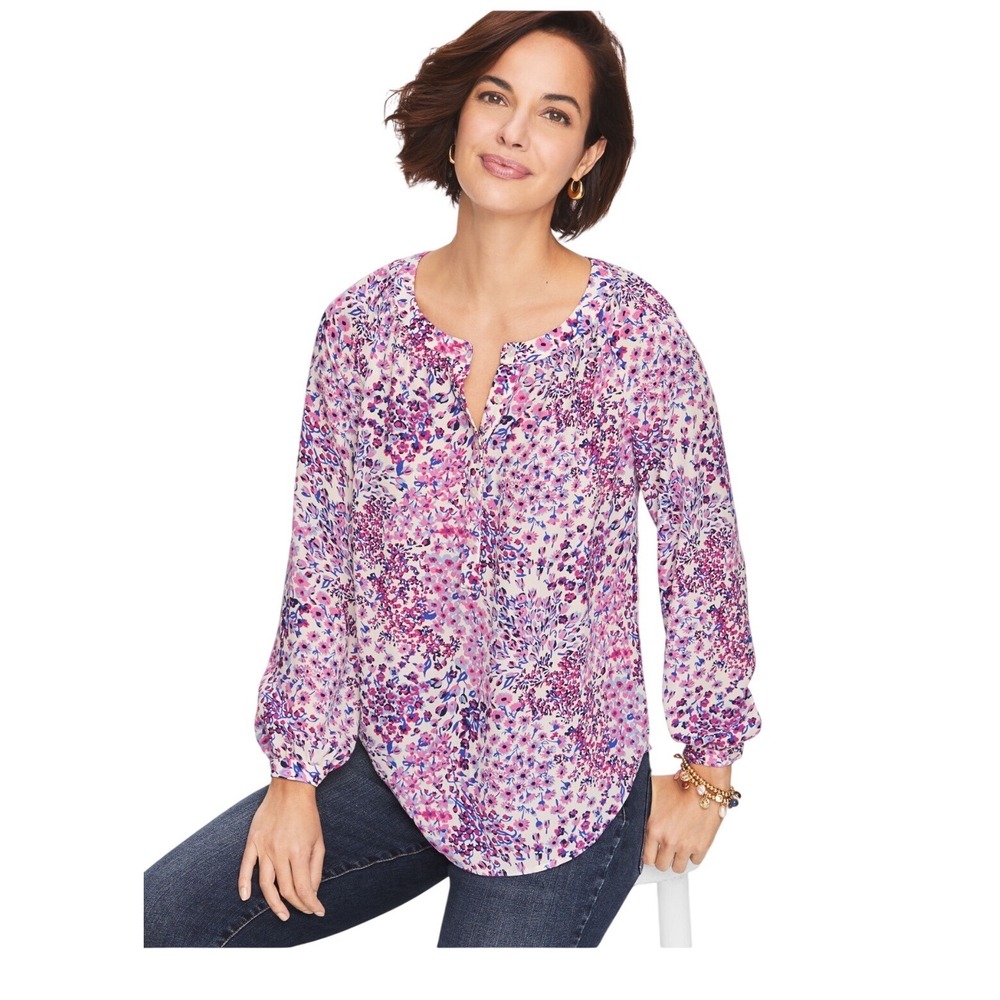 Talbots Floral Chiffon Henley Blouse Pullover Womens Medium Petite Pink Blue